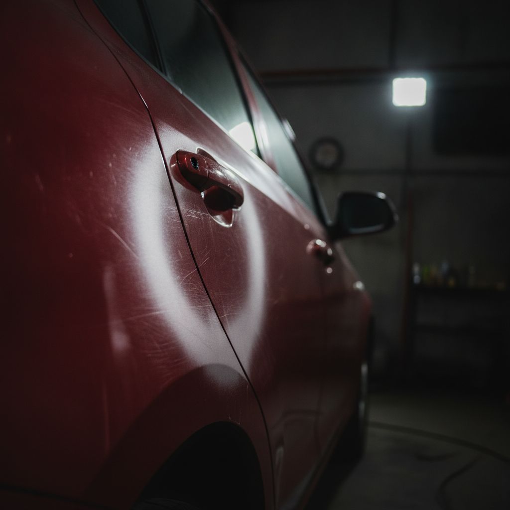 Pintu mobil merah dengan cat kusam dan swirl mark