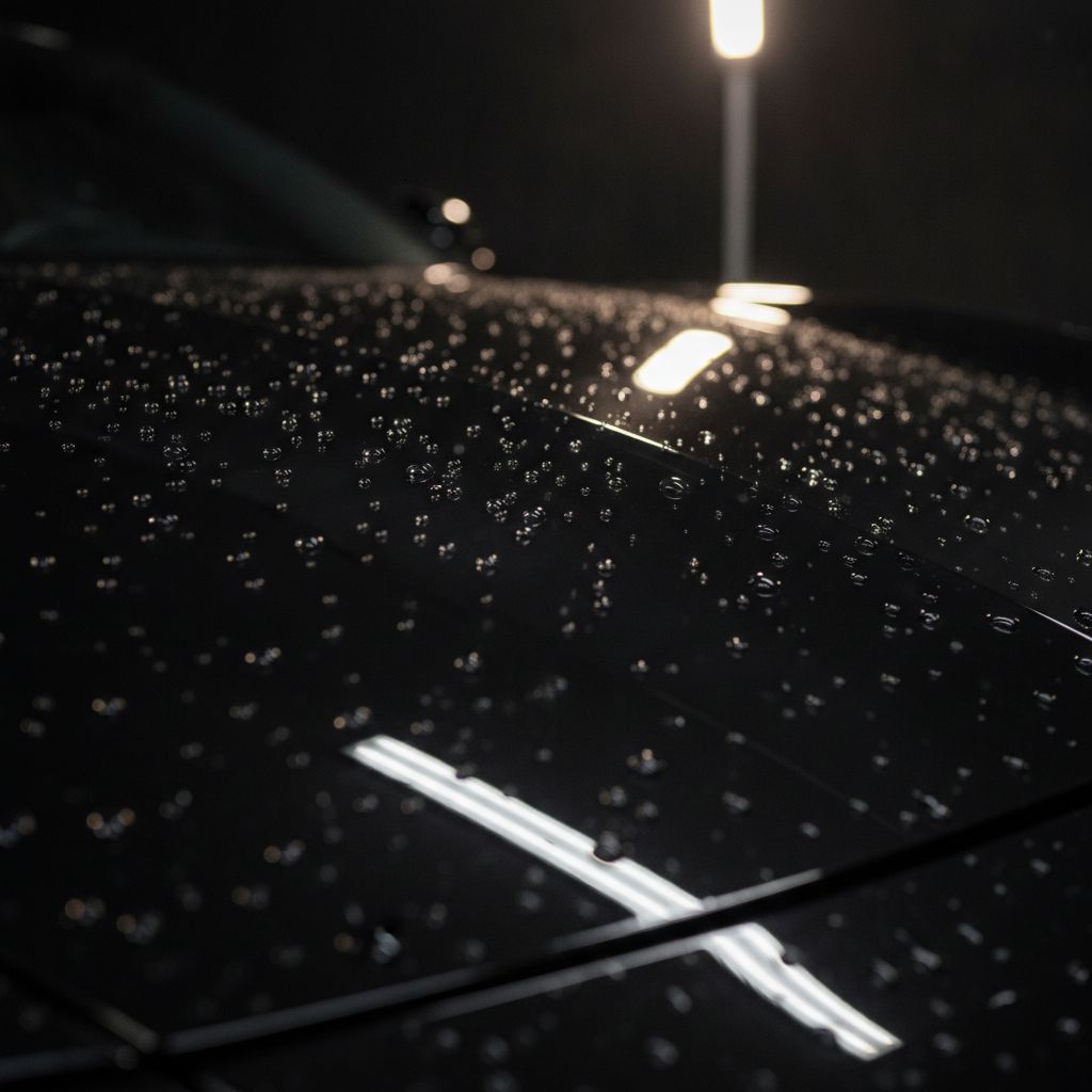 Kap mesin hitam dengan butiran air setelah ceramic coating